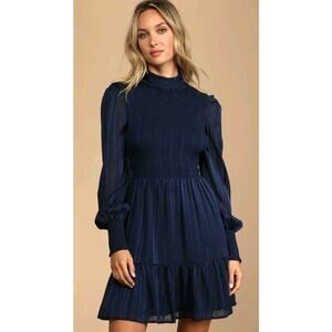 Lulus Heartful Romance Navy Striped Smocked Long Sleeve Mini Dress Womens Sz XS
